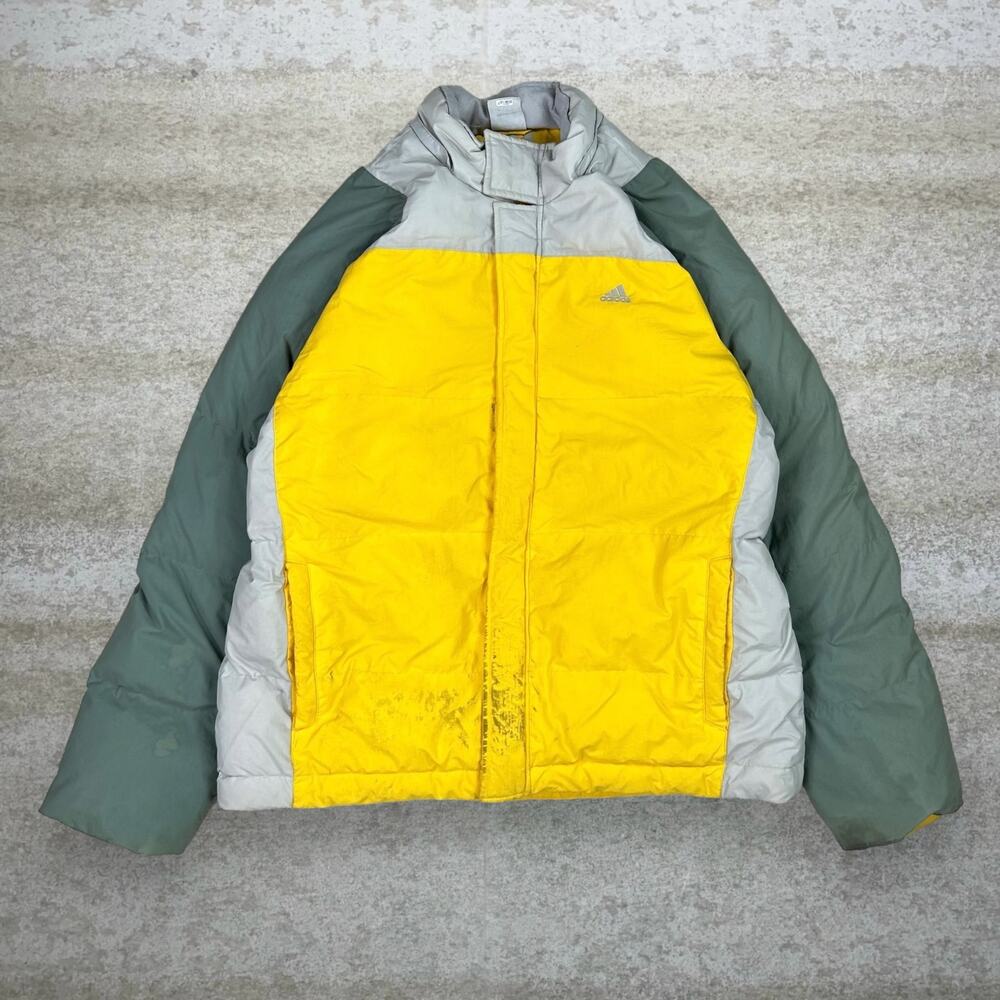 Vintage Y2K Adidas Puffer Jacket Mens XL Yellow Grey Insulated Full Zip